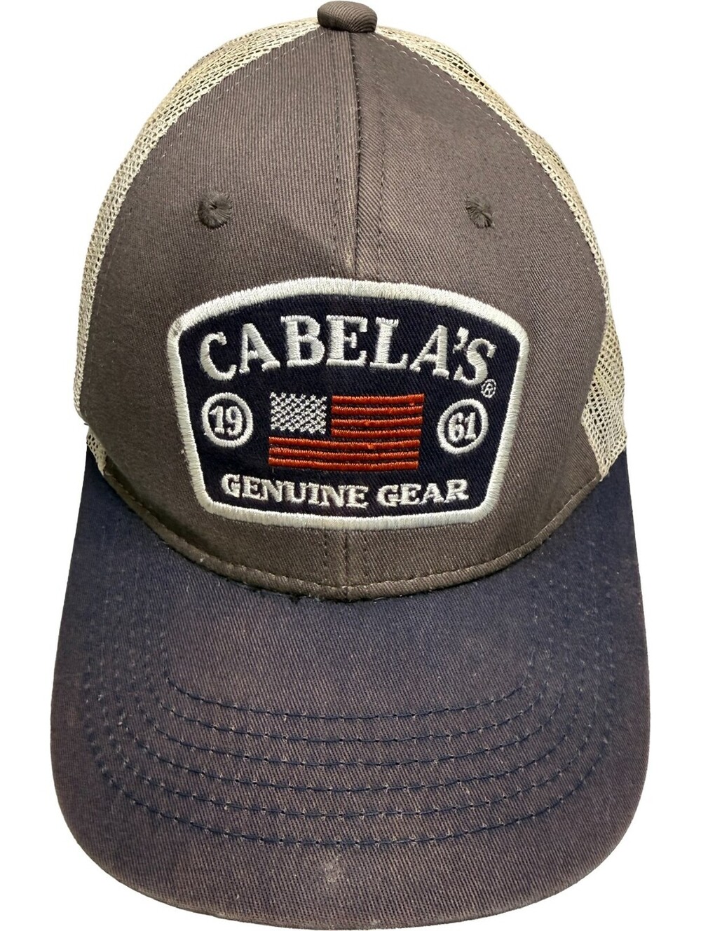 Cabela's Genuine Gear 1961 Trucker Hat Meshback Strapback Cap Faded Gray & Navy